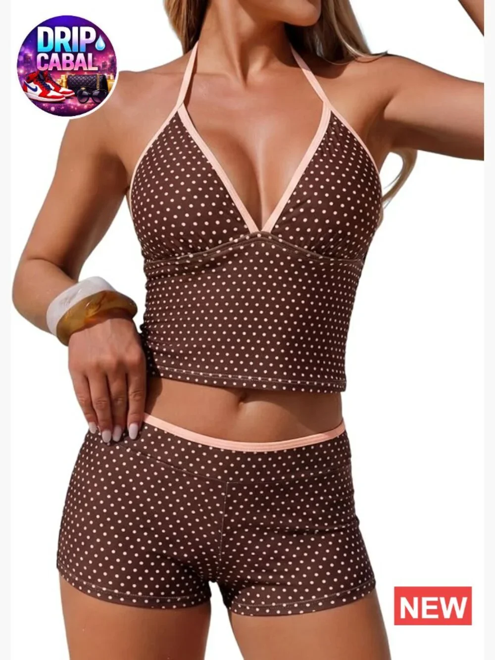Tankini Swimsuit V Neck Halter Top with Boyshorts Bottom Tummy Control Two